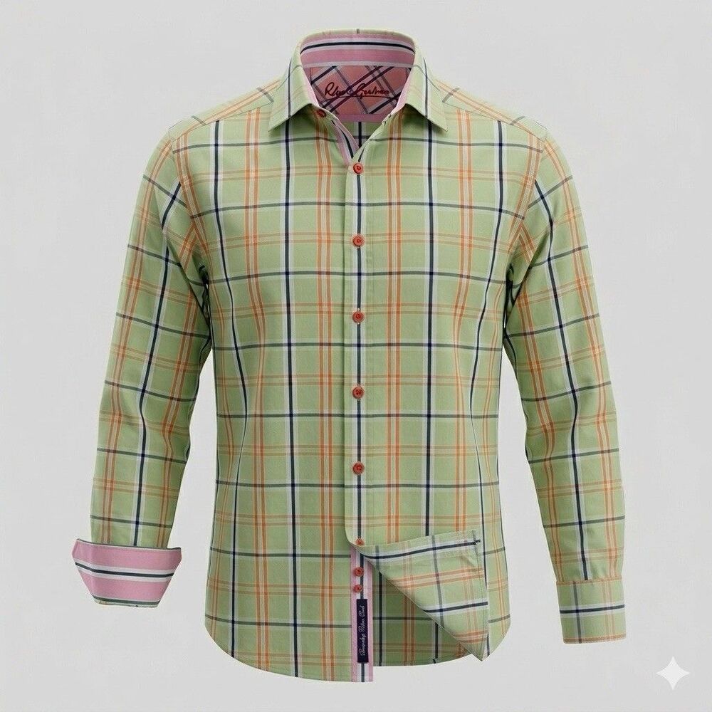 Robert Graham Shirt L Mens Green Plaid Knowledge Wisdom Truth Flip Cuff Easter